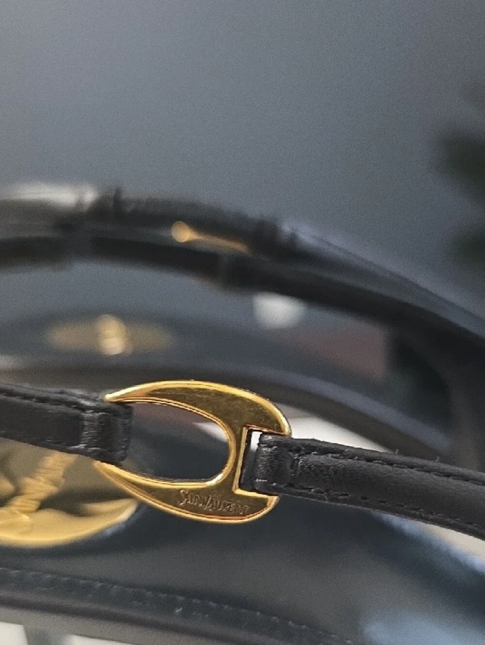 Saint Laurent Black Leather Pointed Slingback Pumps with Gold Accents - Picture 15 of 16